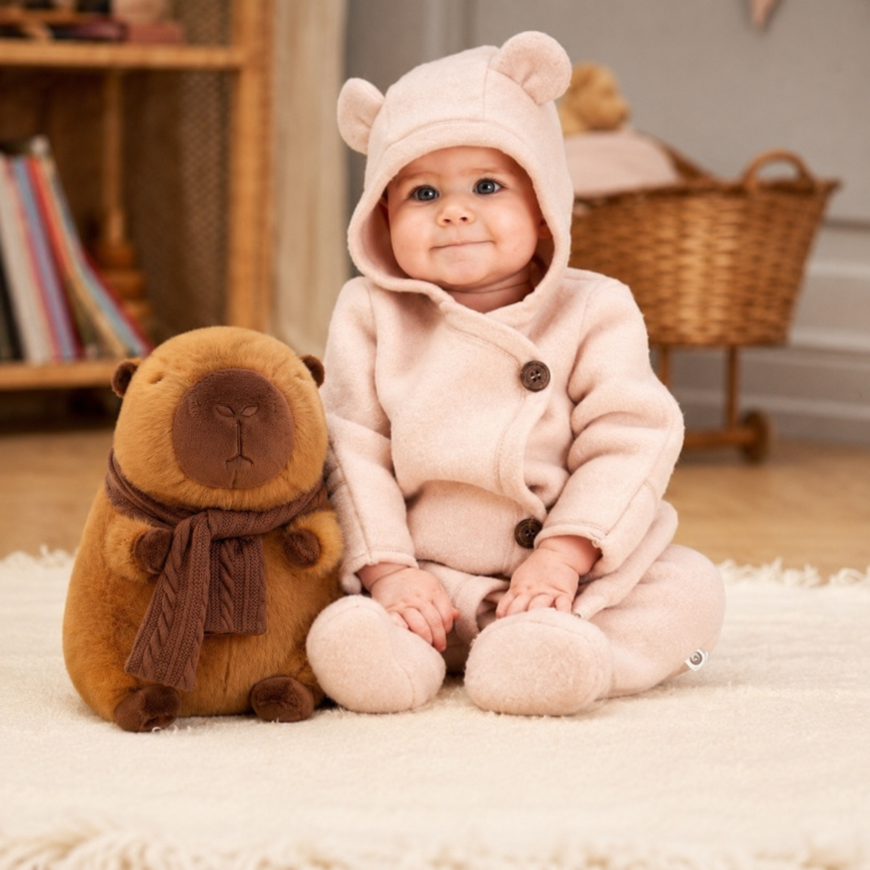 Capybara plush toy sitting next to a baby