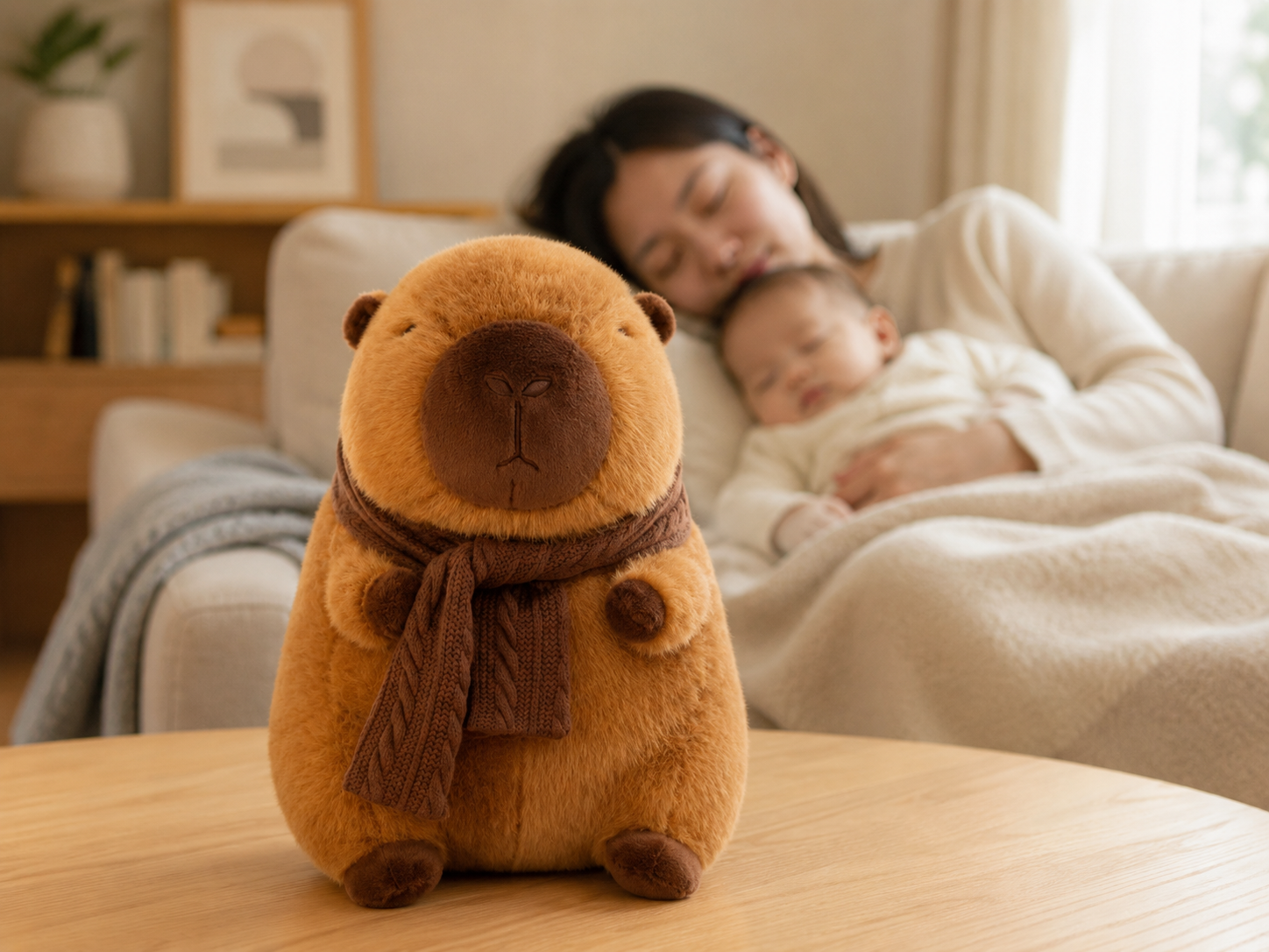 Capybara plush toy in a cozy home while a mother and baby rest in the background